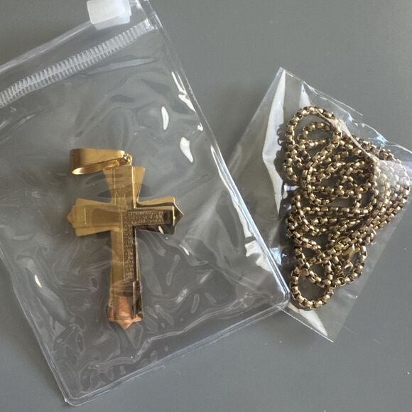 Double Gold Plated Cross Pendant 24 Inch Chain Stainless Steel Religious Gift - Picture 6 of 6